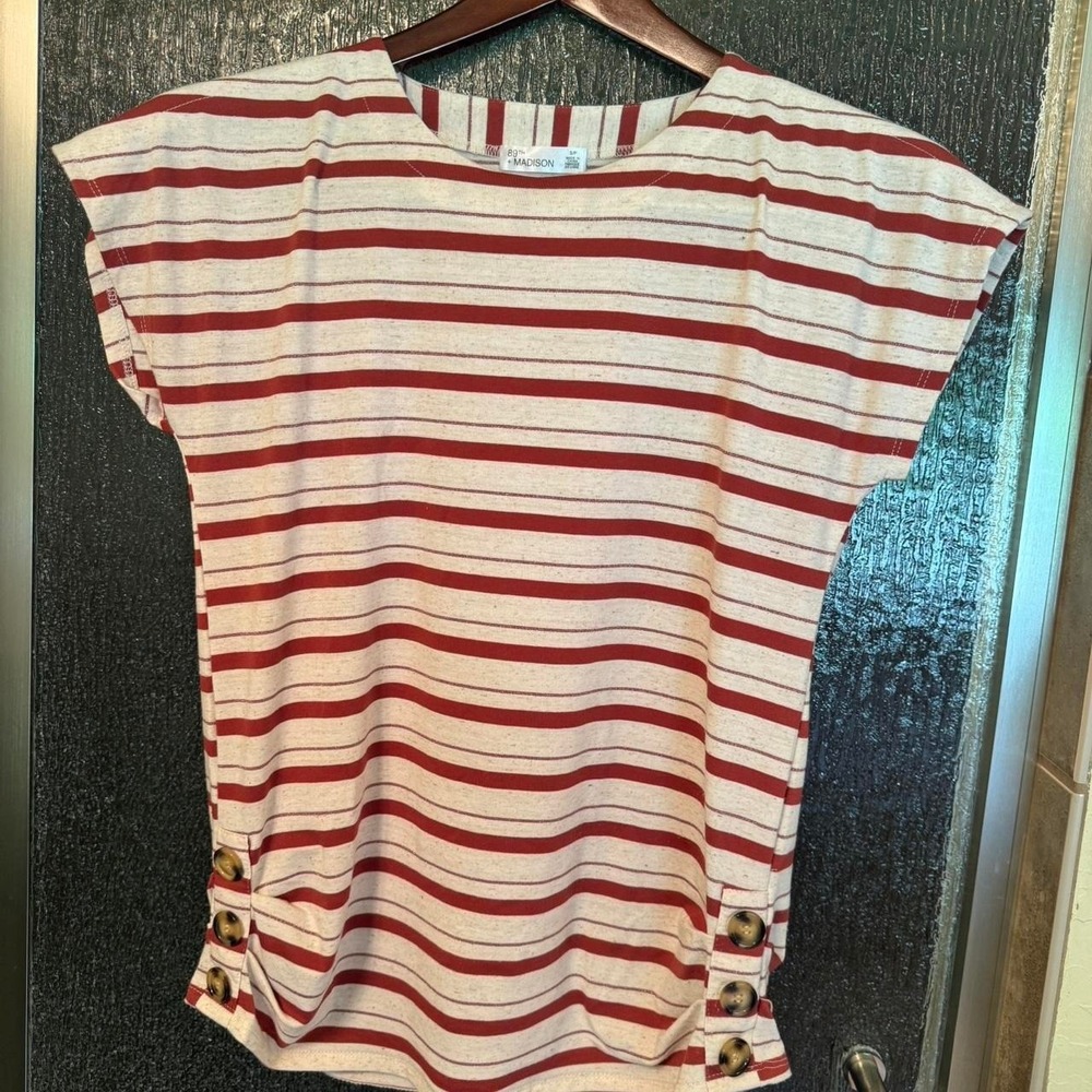Cream and burgundy striped blouse with buttons. Size S